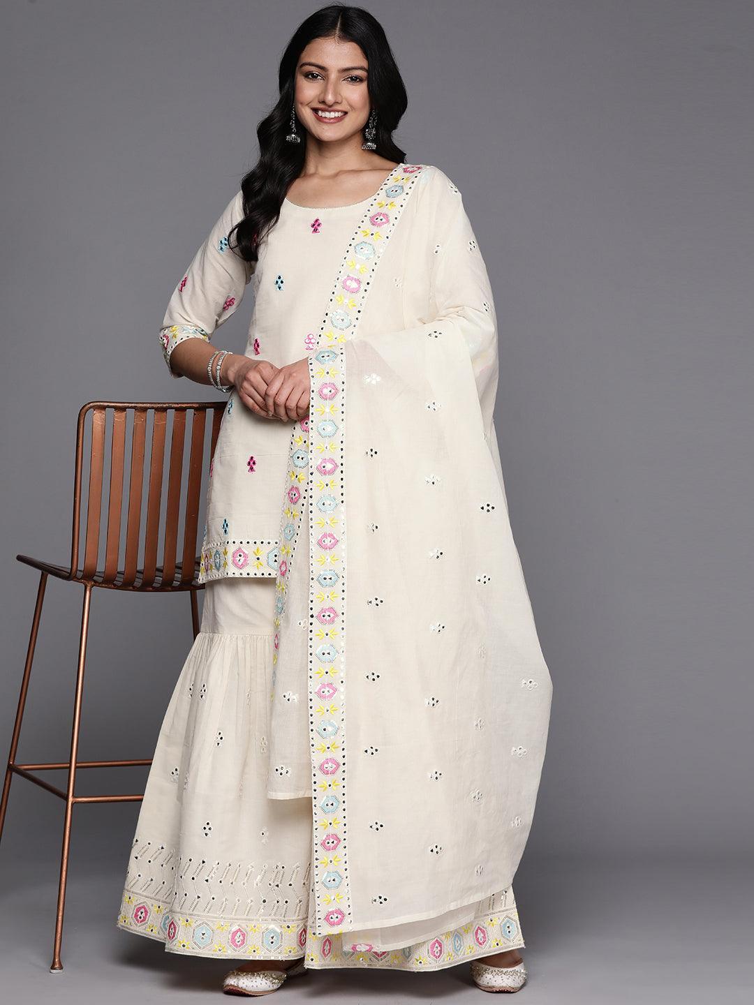 Off White Embroidered Cotton Straight Suit Set With Sharara