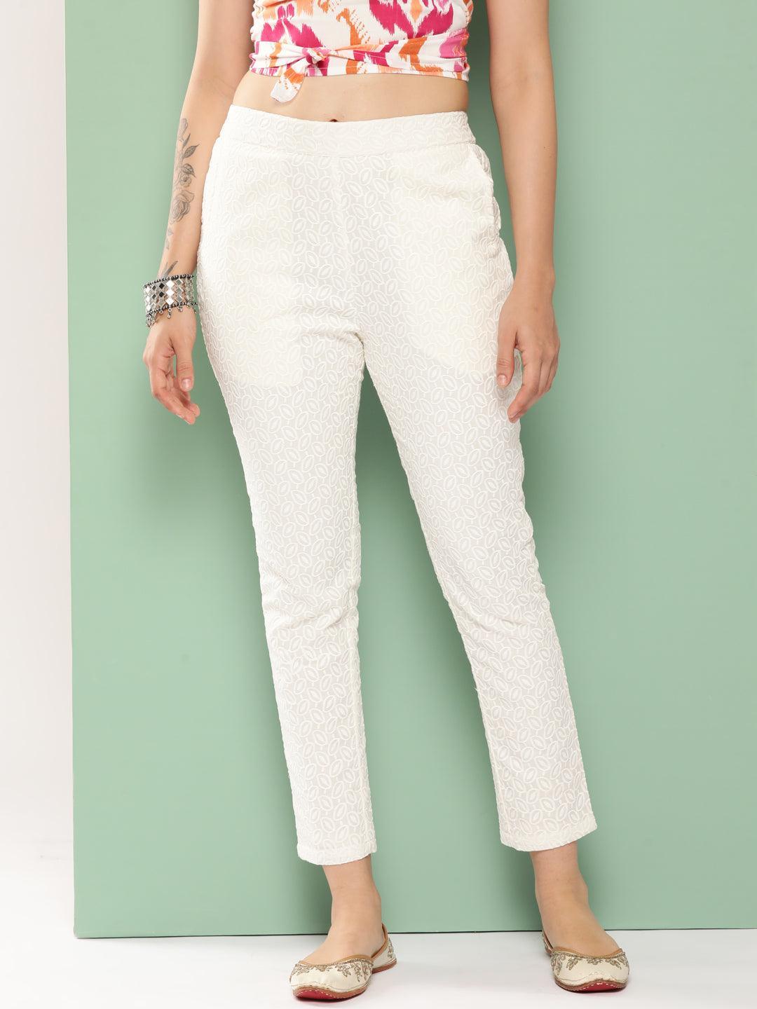 Off White Embroidered Cotton Trousers