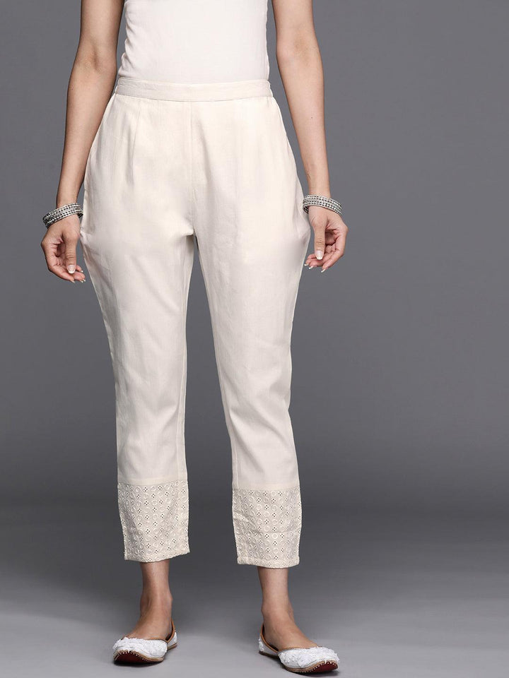 Off White Embroidered Cotton Trousers - ShopLibas