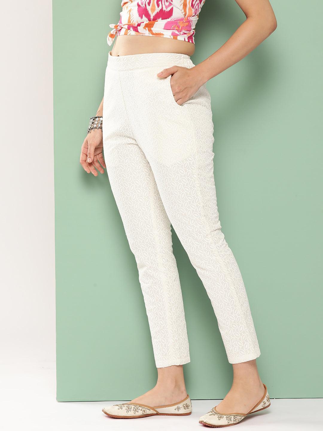 Off White Embroidered Cotton Trousers