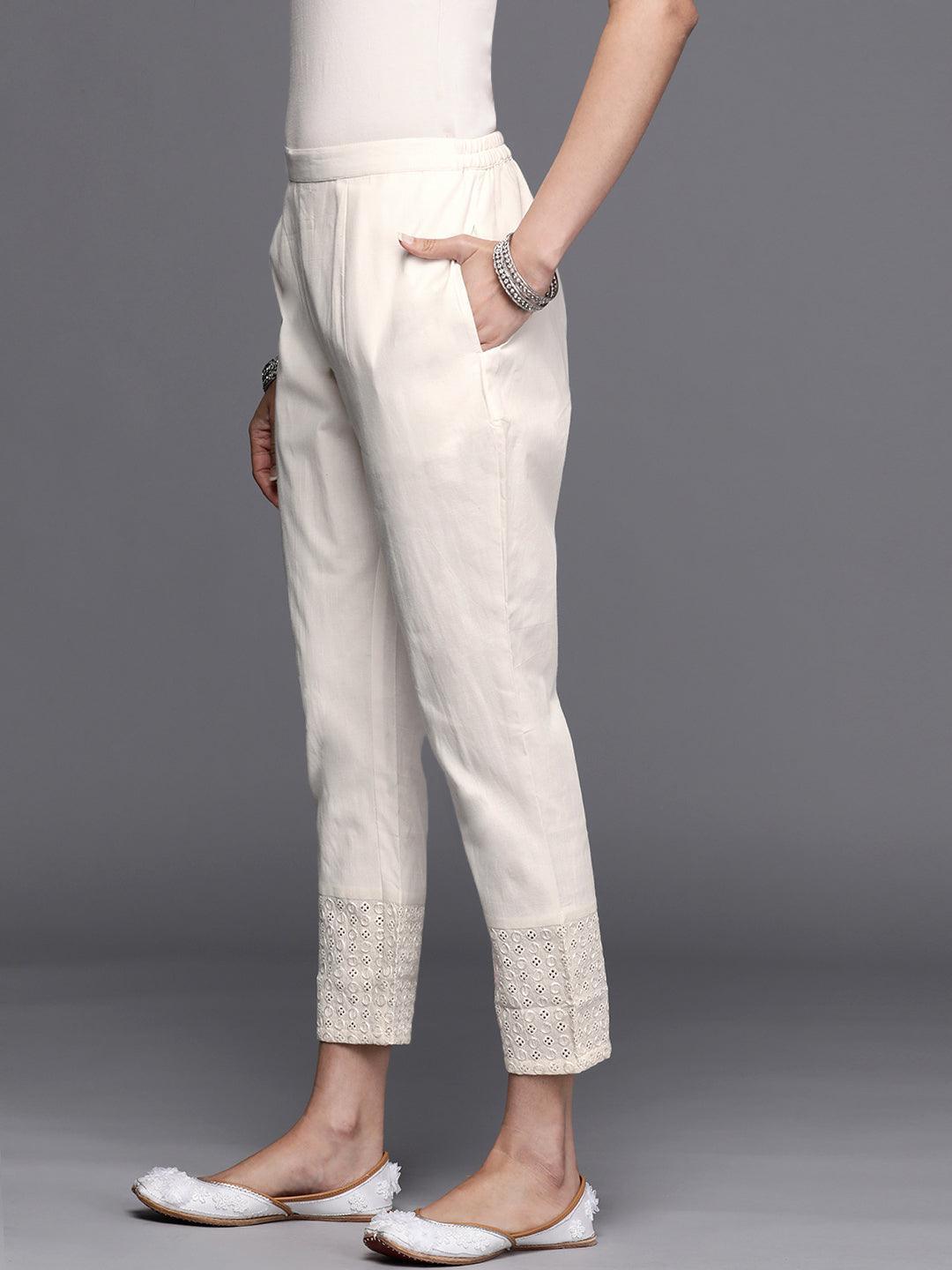 Off White Embroidered Cotton Trousers - ShopLibas