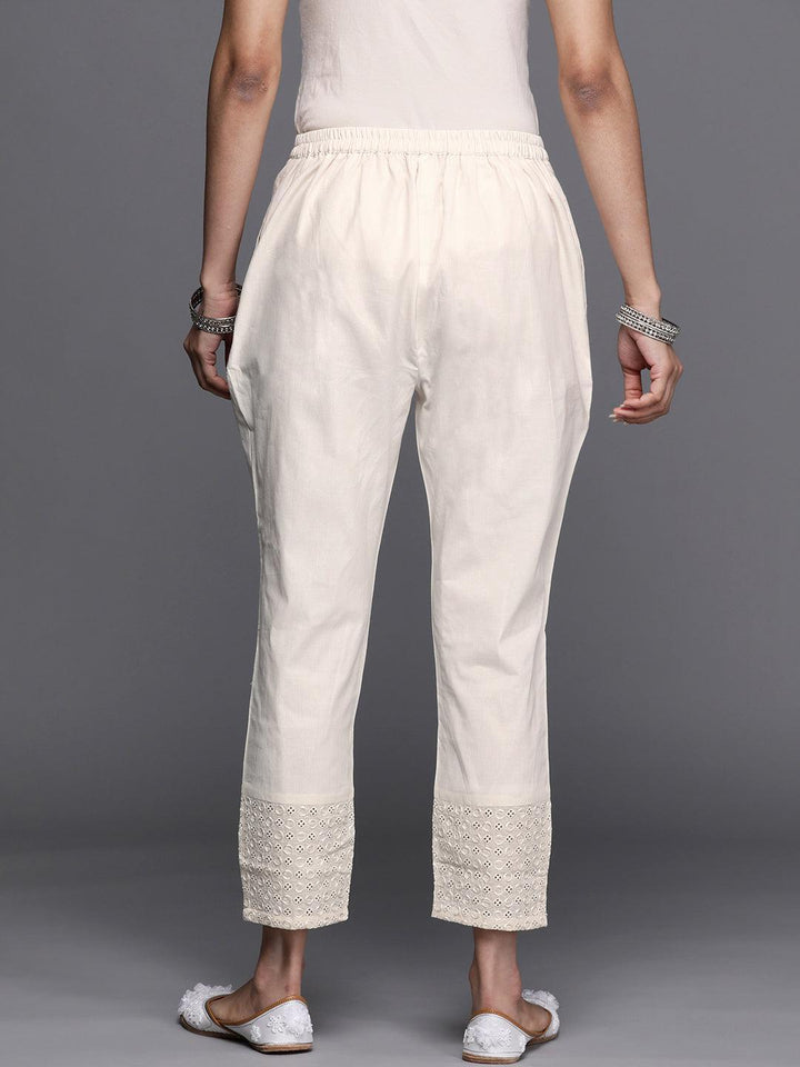 Off White Embroidered Cotton Trousers - ShopLibas