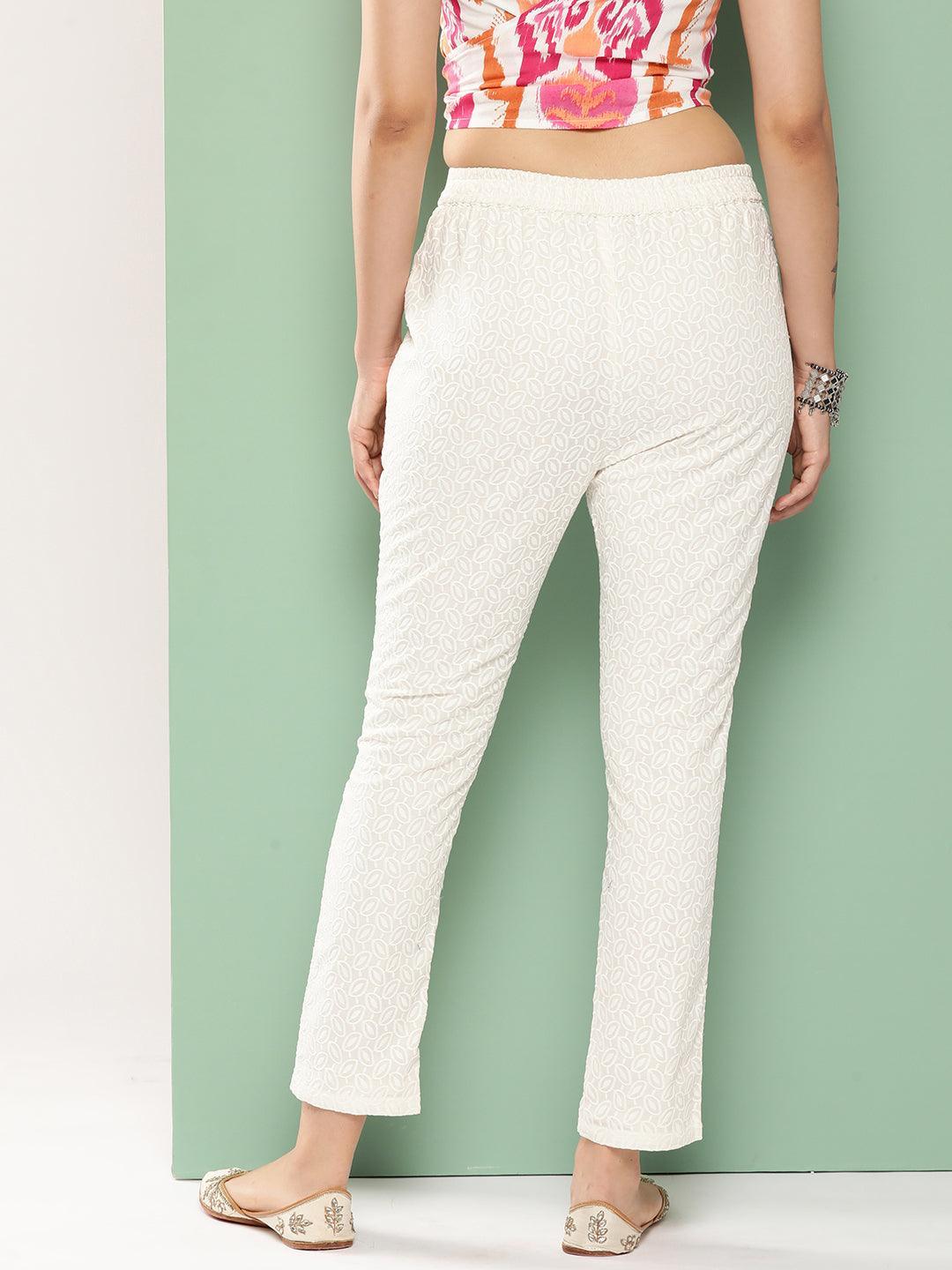 Off White Embroidered Cotton Trousers