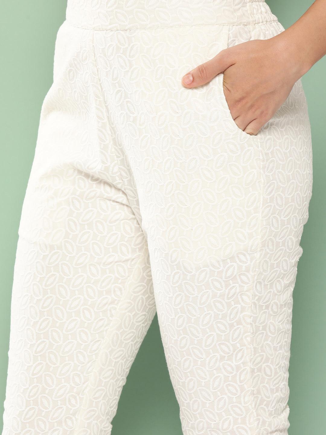 Off White Embroidered Cotton Trousers