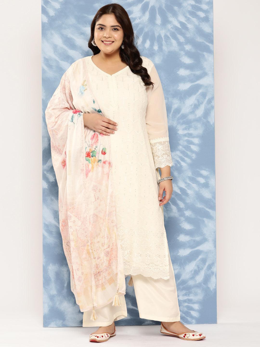 Off White Embroidered Georgette Straight Kurta With Trousers and Dupatta - Libas