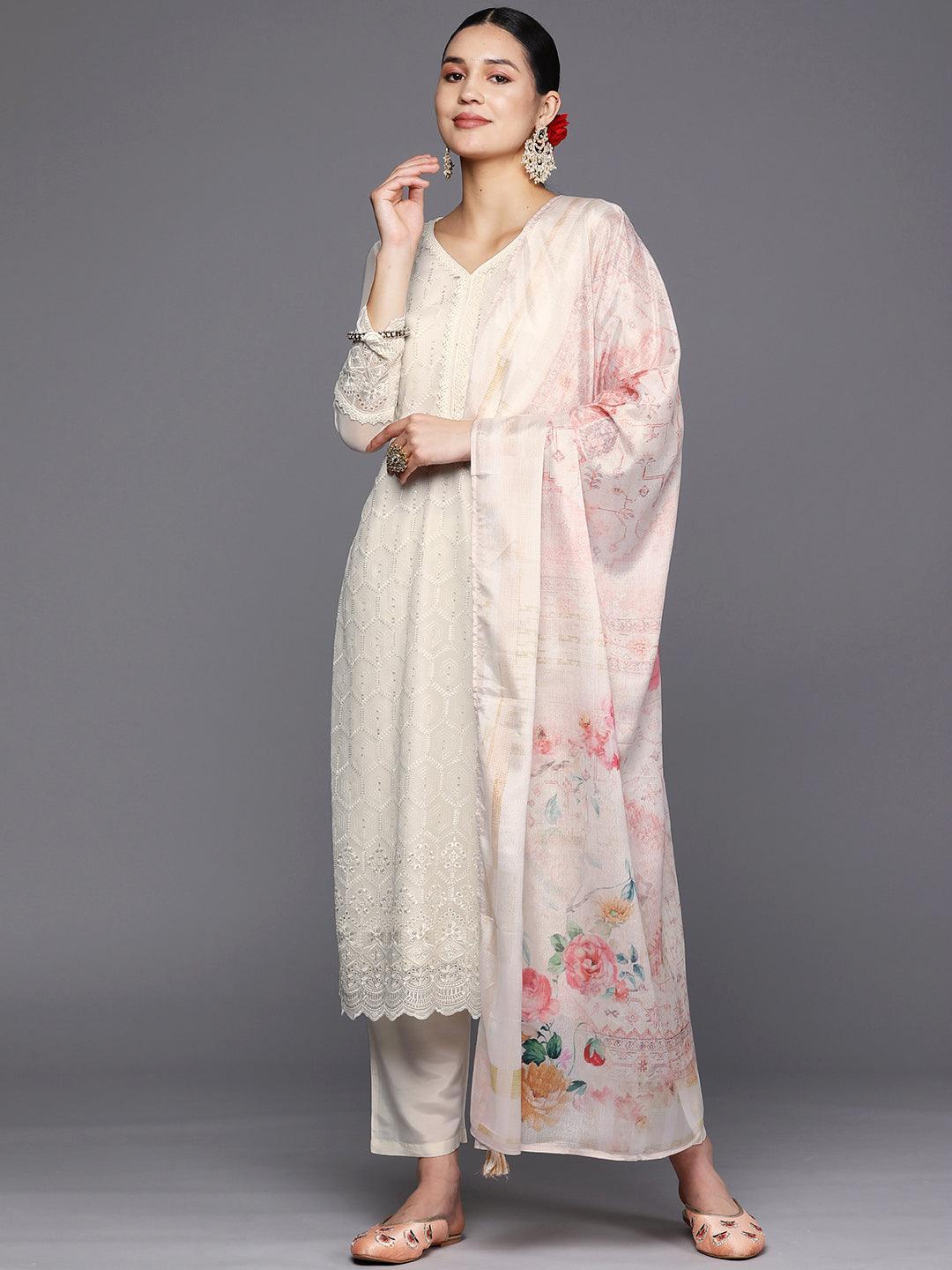 Off White Embroidered Georgette Straight Suit Set With Trousers