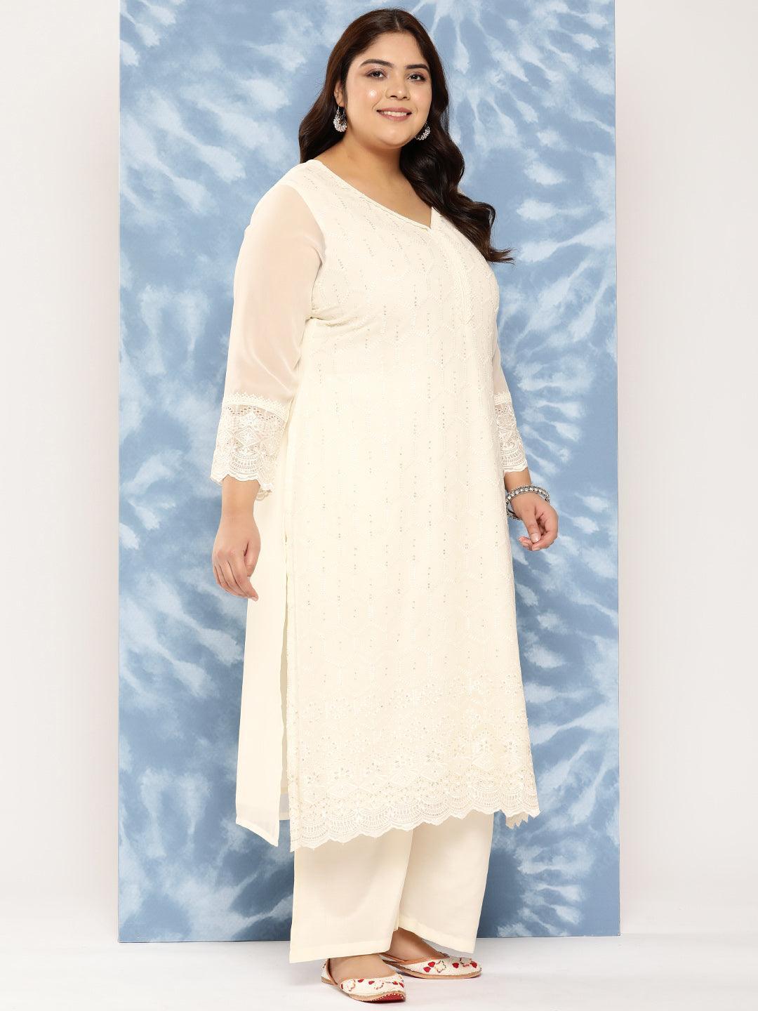 Off White Embroidered Georgette Straight Kurta With Trousers and Dupatta