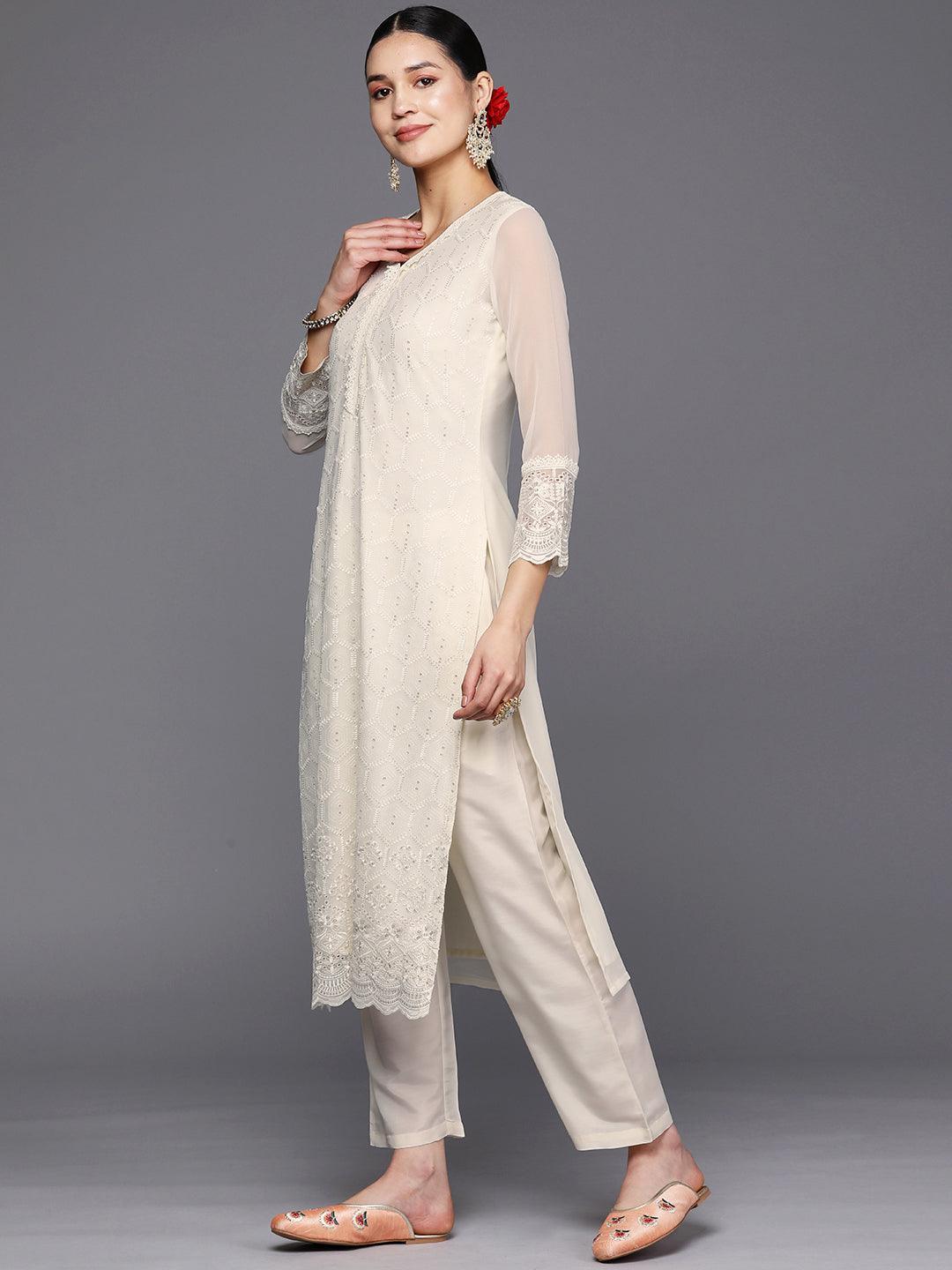 Off White Embroidered Georgette Straight Suit Set With Trousers