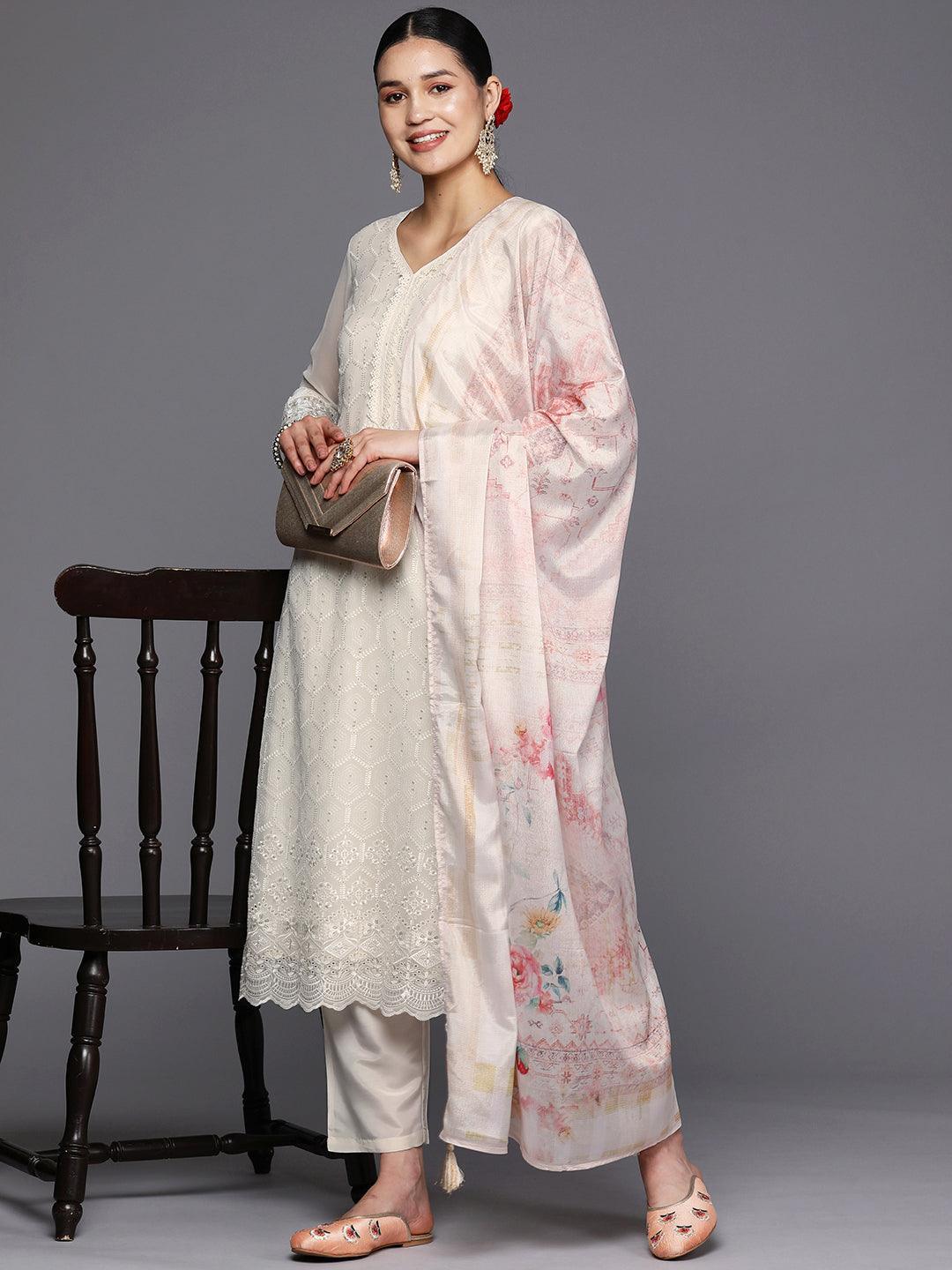 Off White Embroidered Georgette Straight Suit Set With Trousers