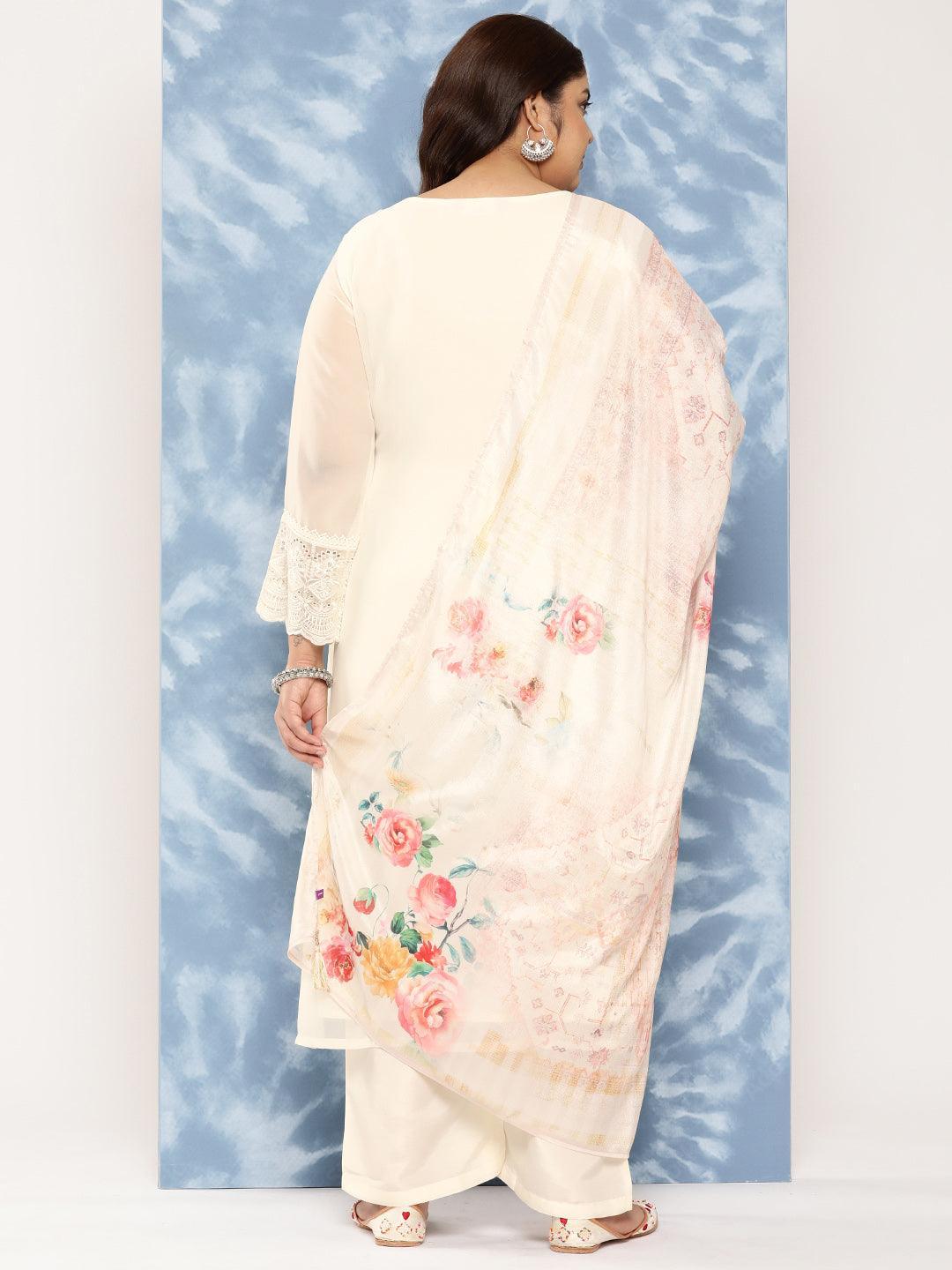 Off White Embroidered Georgette Straight Kurta With Trousers and Dupatta