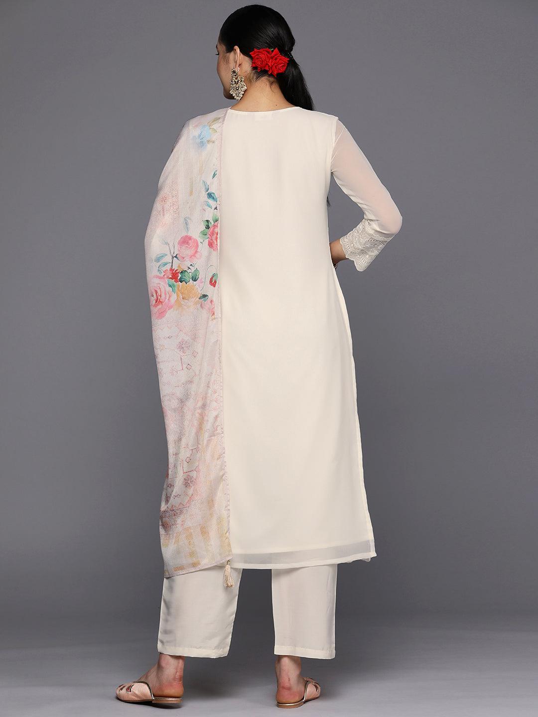 Off White Embroidered Georgette Straight Suit Set With Trousers