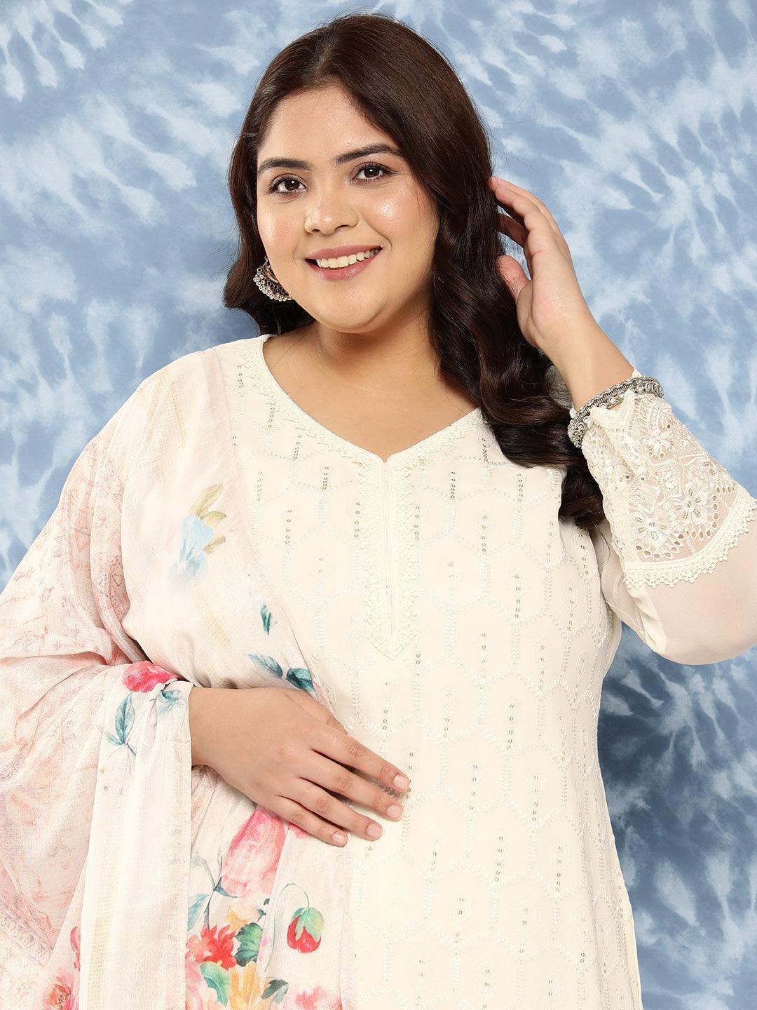 Off White Embroidered Georgette Straight Kurta With Trousers and Dupatta