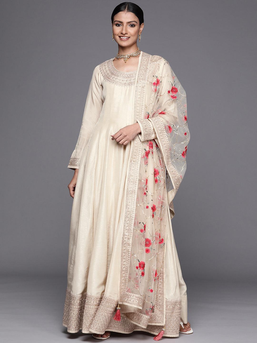 Off White Embroidered Silk Anarkali Suit Set