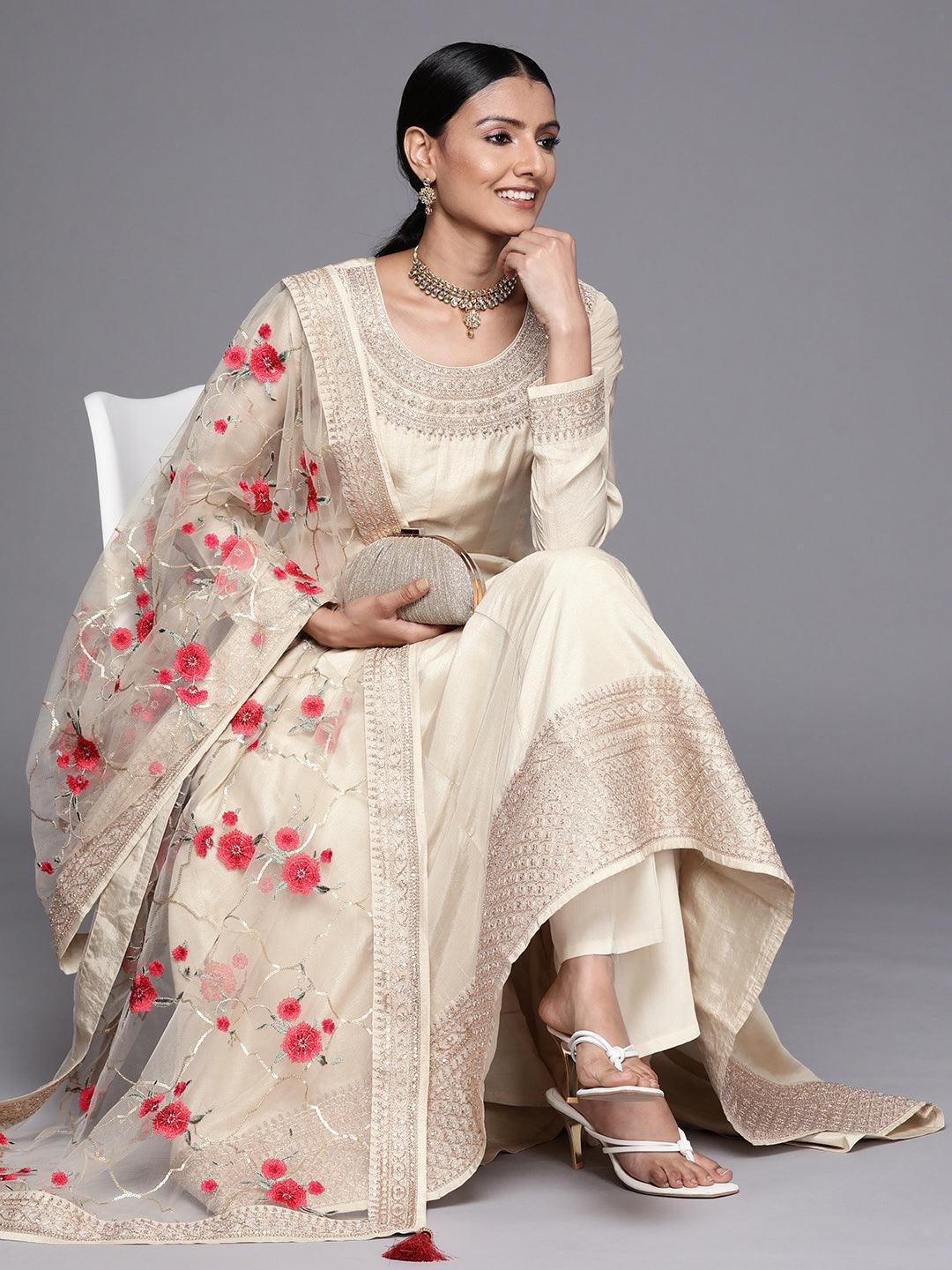 Off White Embroidered Silk Anarkali Suit Set