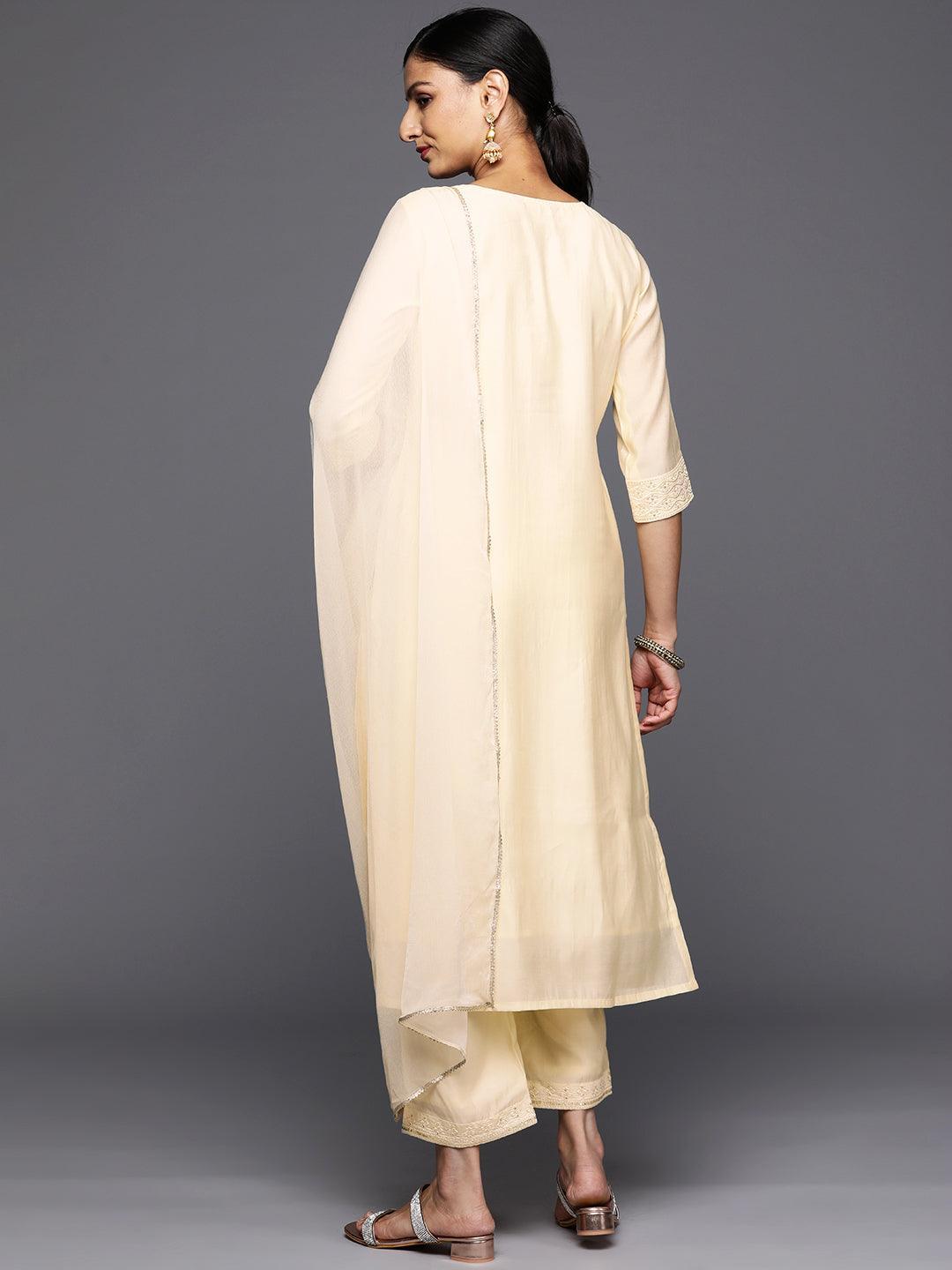 Off White Embroidered Silk Blend Straight Kurta With Trousers & Dupatta