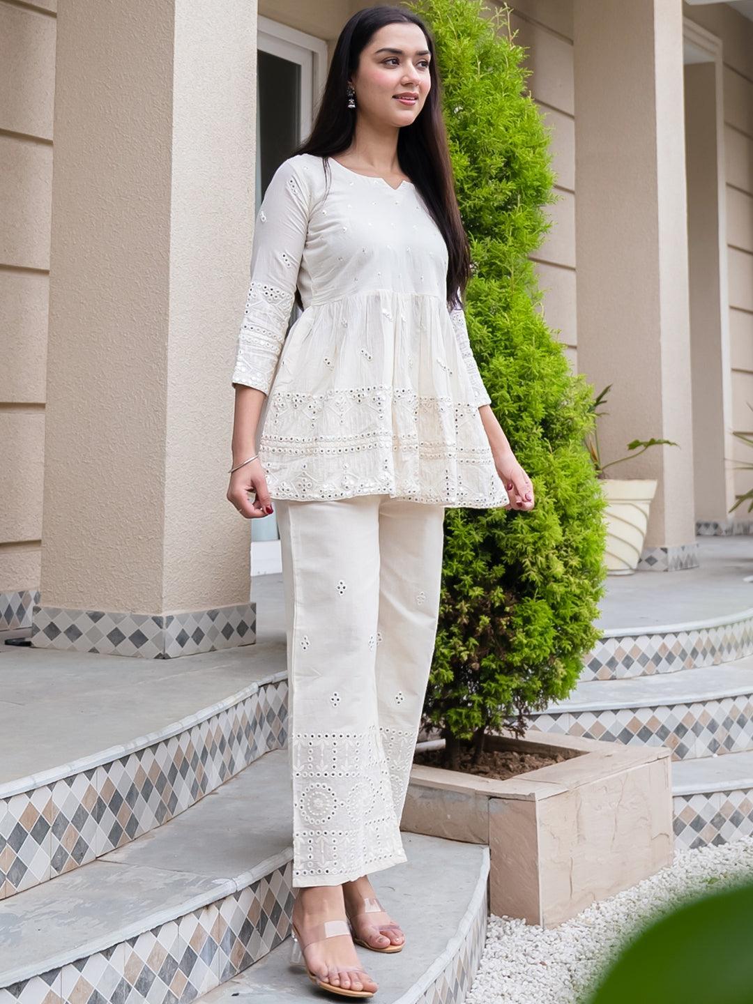 Off White Mirror-Work Cotton Kurta Set