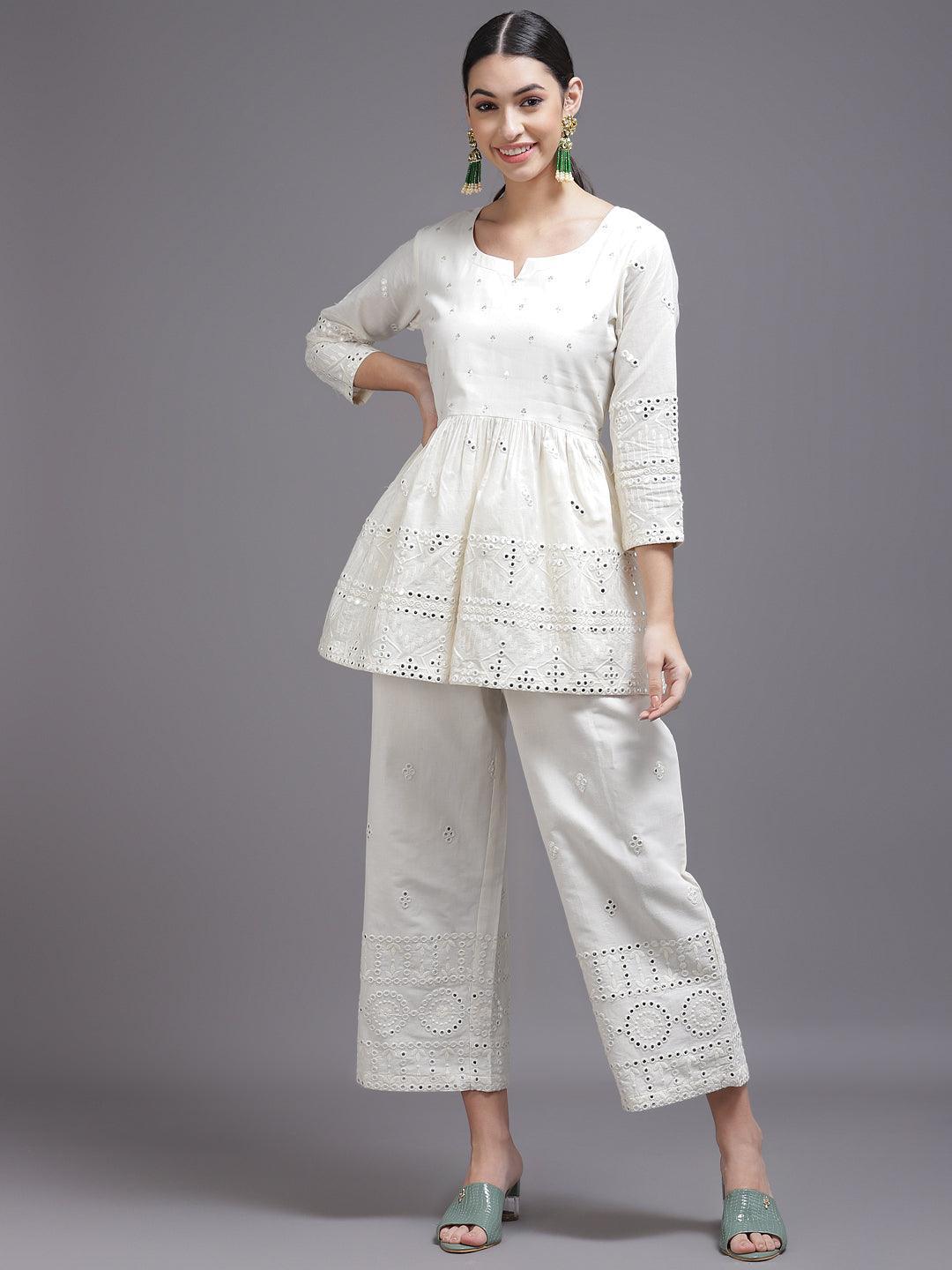 Off White Mirror-Work Cotton Kurta Set