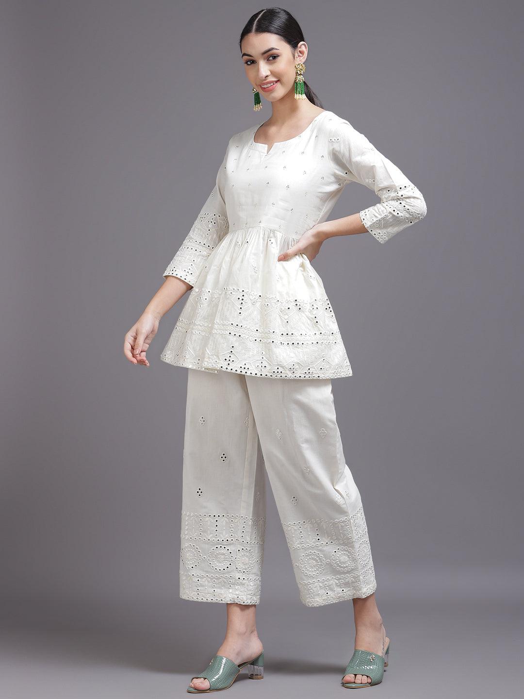 Off White Mirror-Work Cotton Kurta Set