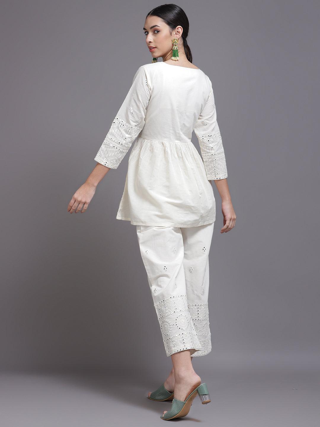 Off White Mirror-Work Cotton Kurta Set