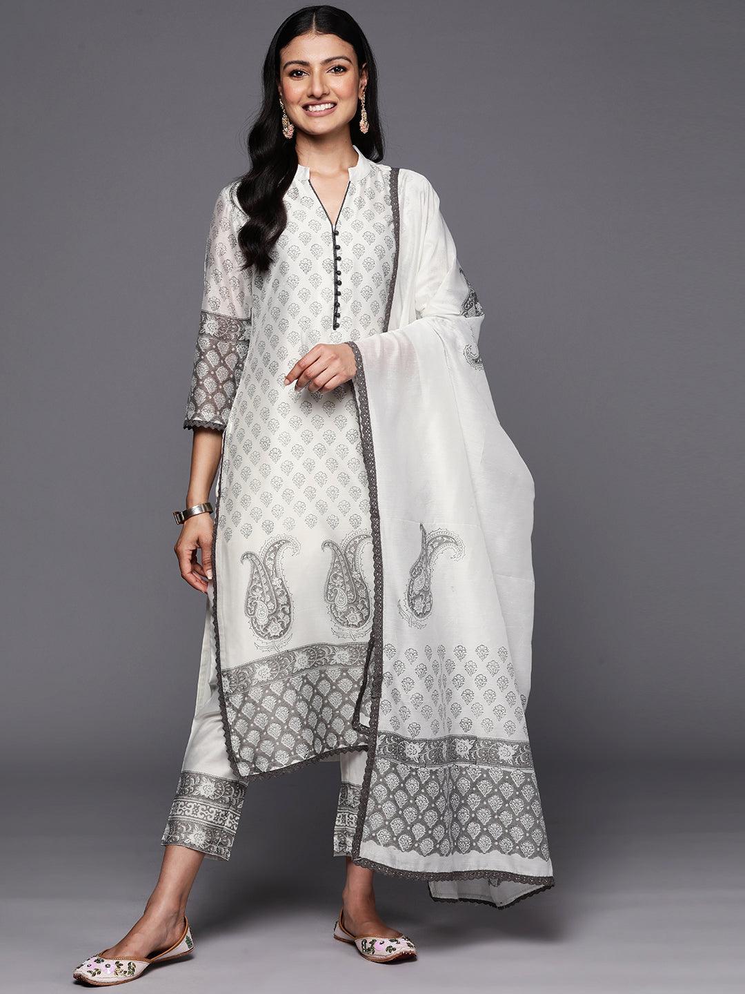 Off White Printed Chanderi Silk Straight Suit Set With Trousers - ShopLibas