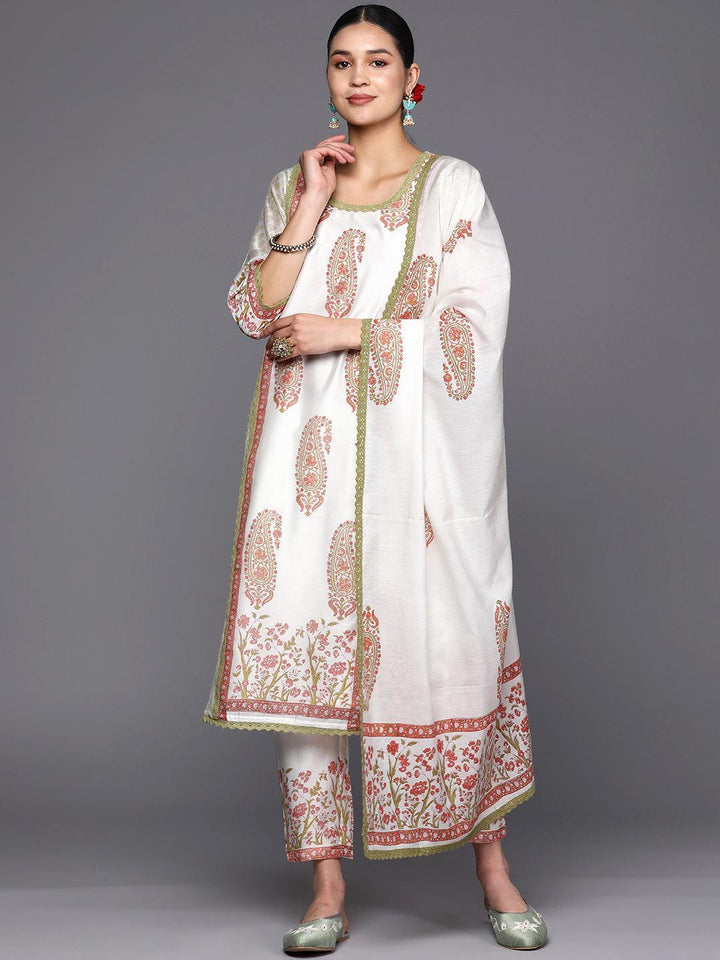 Off White Printed Chanderi Silk Straight Suit Set With Trousers - ShopLibas