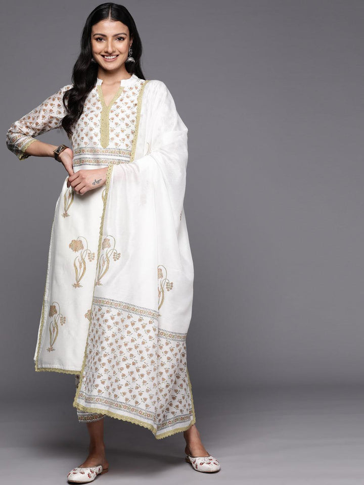 Off White Printed Chanderi Silk Straight Suit Set With Trousers - ShopLibas