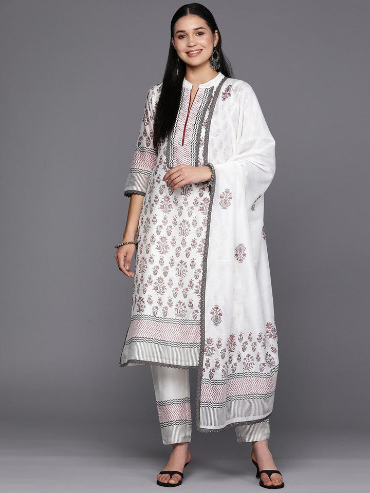 Off White Printed Chanderi Silk Straight Suit Set With Trousers - ShopLibas