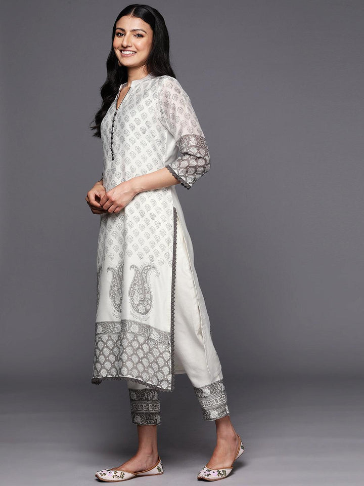 Off White Printed Chanderi Silk Straight Suit Set With Trousers - ShopLibas