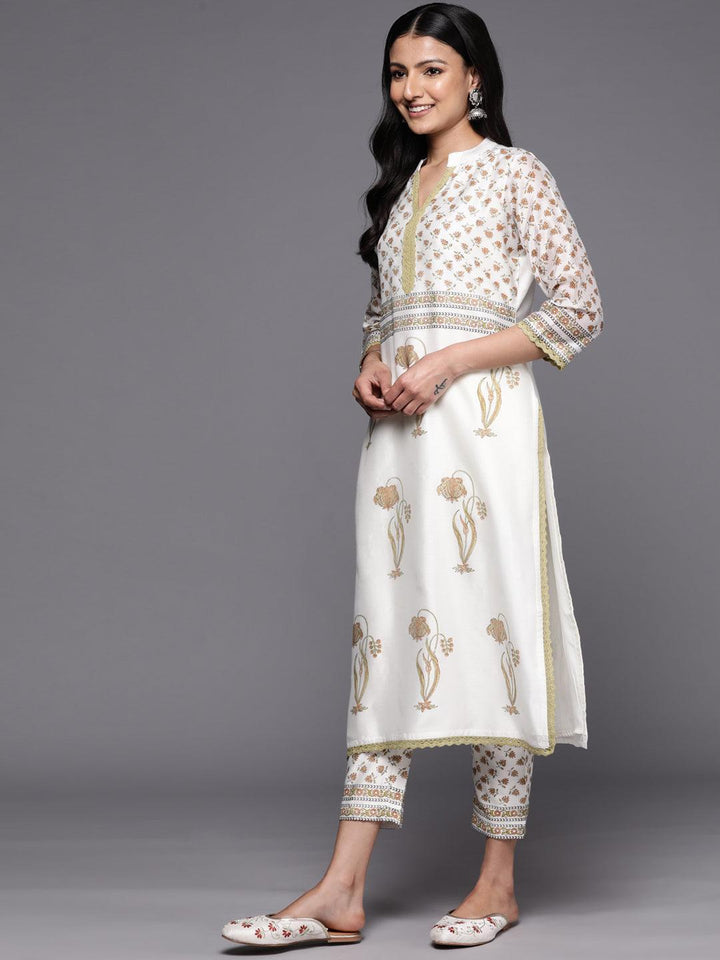 Off White Printed Chanderi Silk Straight Suit Set With Trousers - ShopLibas