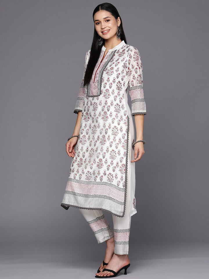 Off White Printed Chanderi Silk Straight Suit Set With Trousers - ShopLibas