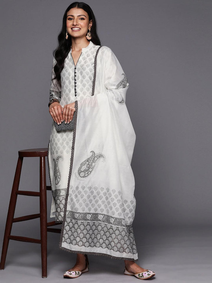 Off White Printed Chanderi Silk Straight Suit Set With Trousers - ShopLibas