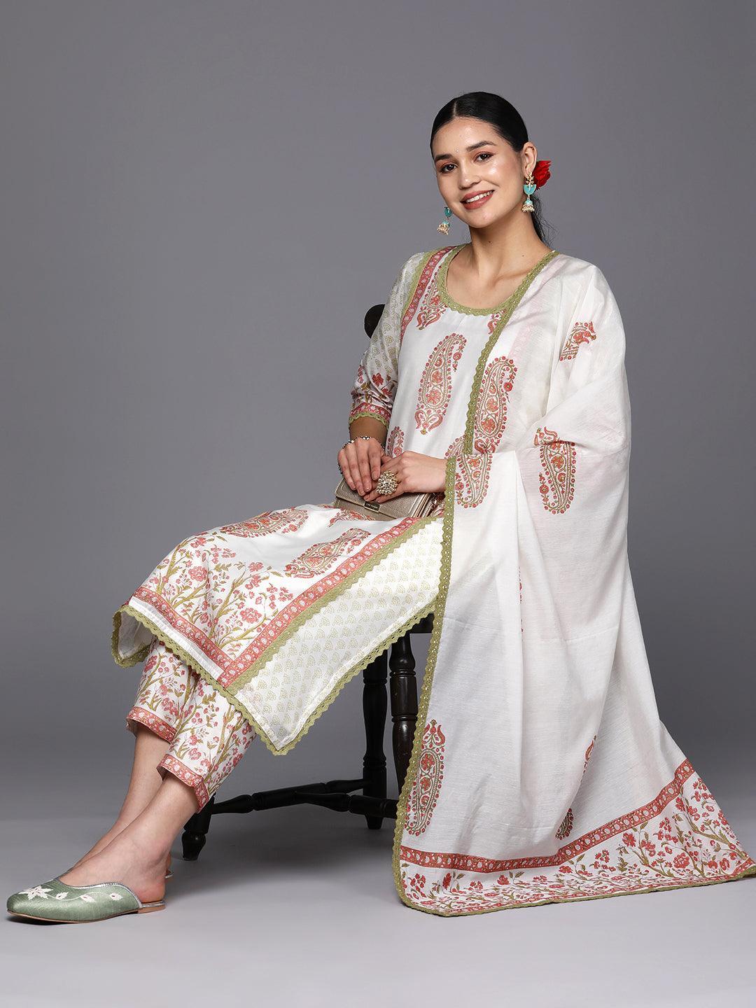 Off White Printed Chanderi Silk Straight Suit Set With Trousers - ShopLibas