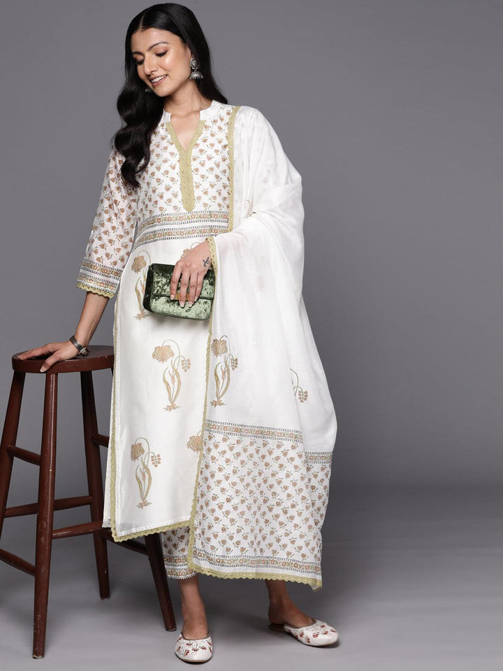 Off White Printed Chanderi Silk Straight Suit Set With Trousers - ShopLibas