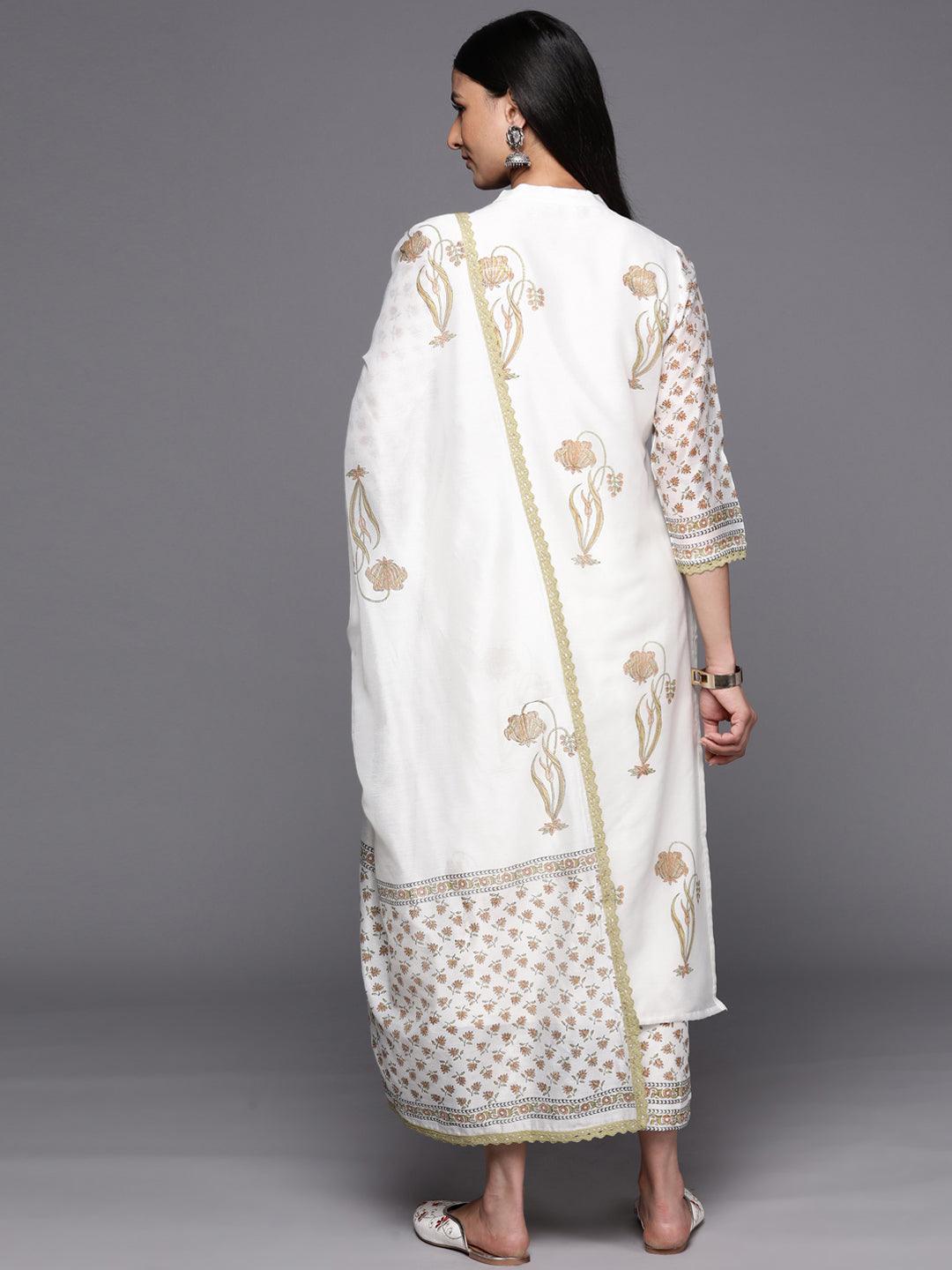 Off White Printed Chanderi Silk Straight Suit Set With Trousers - ShopLibas