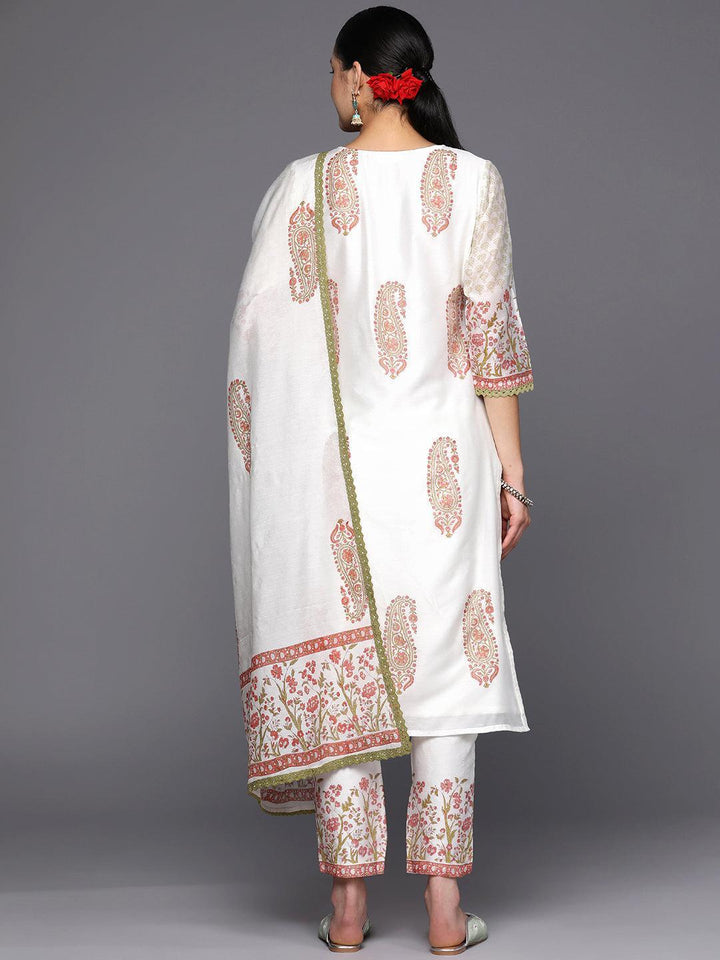 Off White Printed Chanderi Silk Straight Suit Set With Trousers - ShopLibas