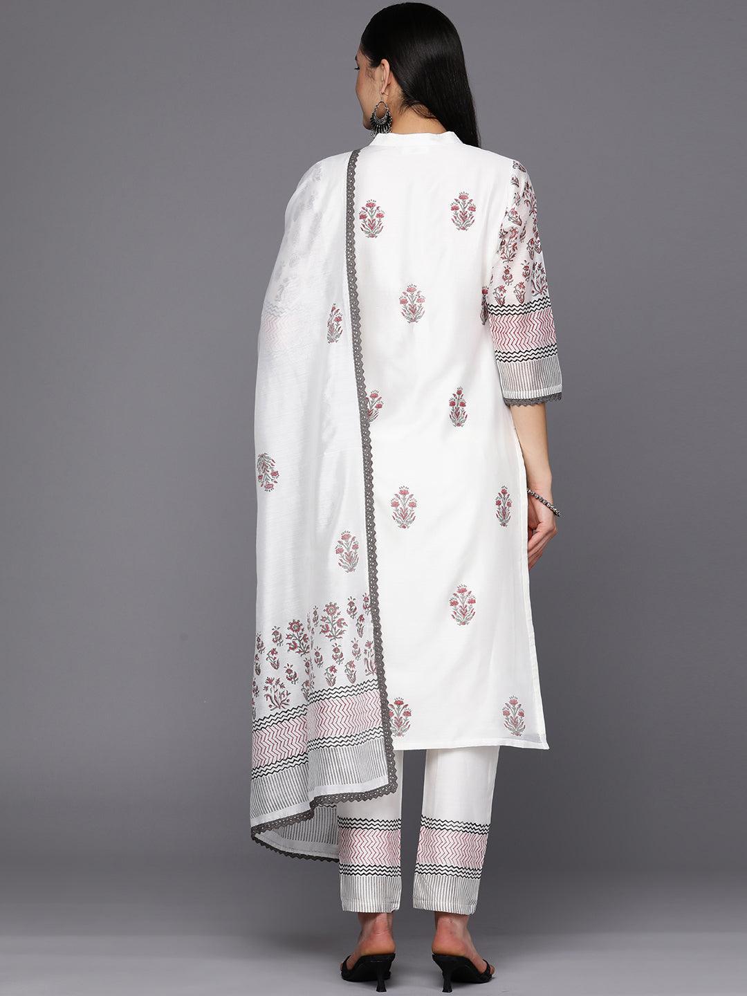 Off White Printed Chanderi Silk Straight Suit Set With Trousers - ShopLibas