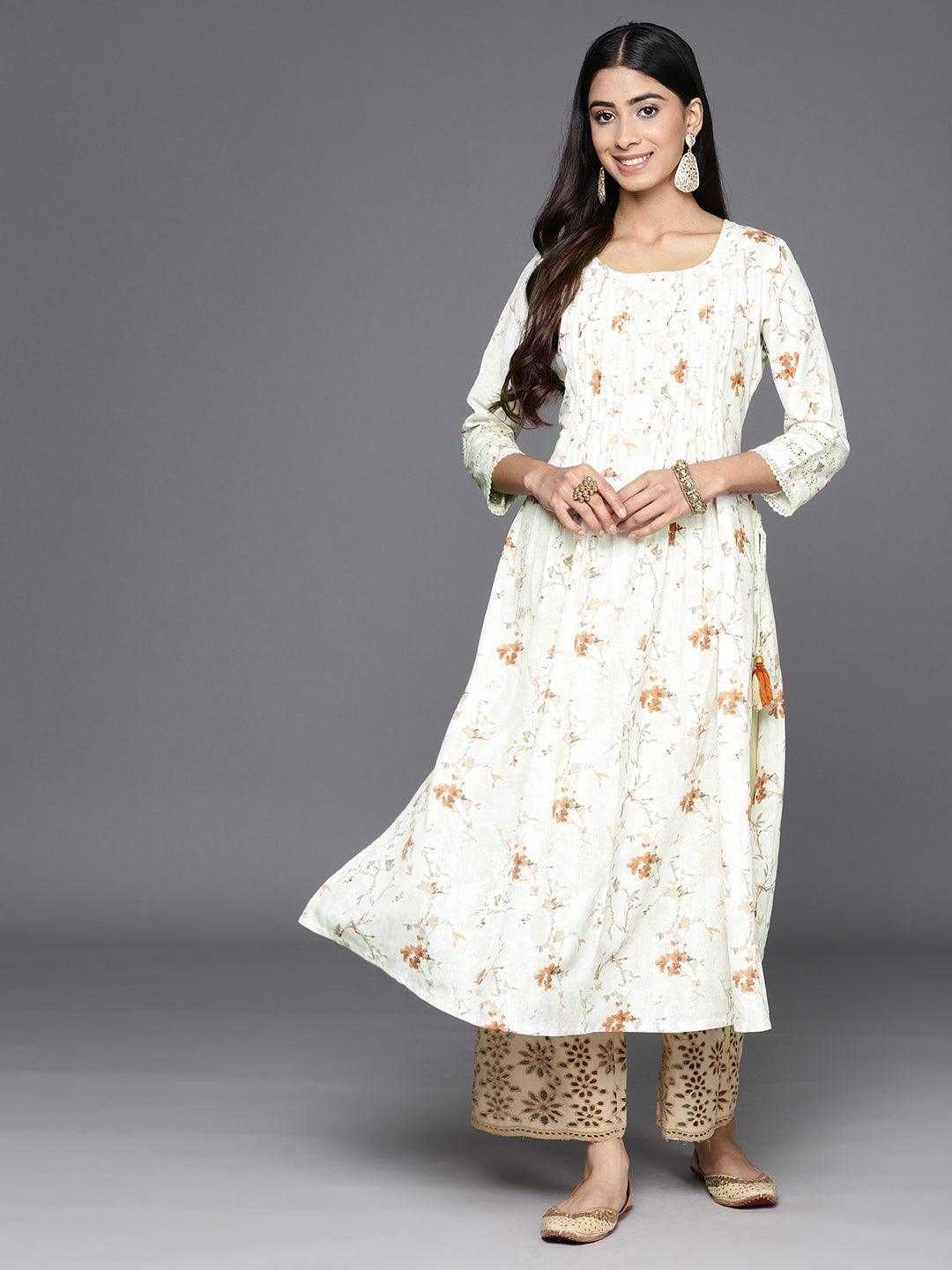 Off White Printed Cotton A-Line Kurta