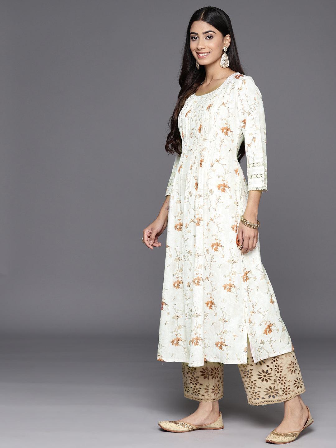 Off White Printed Cotton A-Line Kurta - Libas