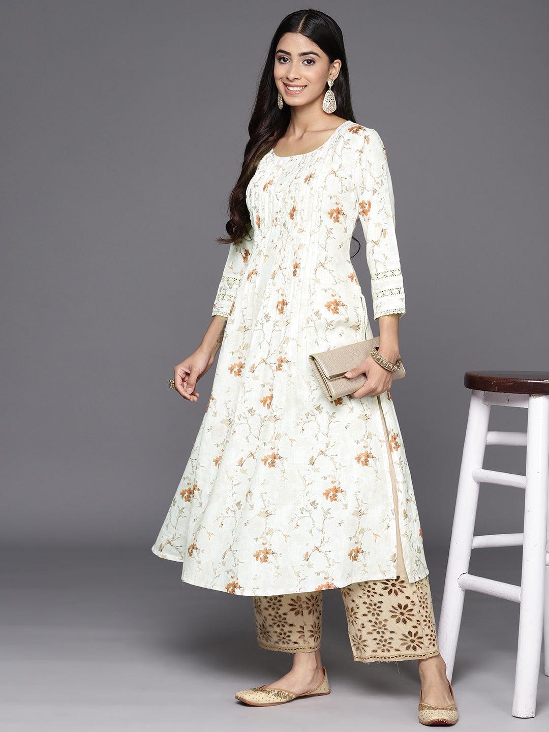 Off White Printed Cotton A-Line Kurta