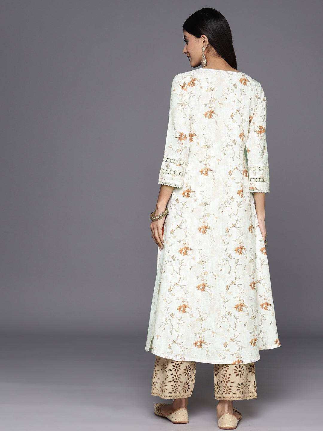 Off White Printed Cotton A-Line Kurta