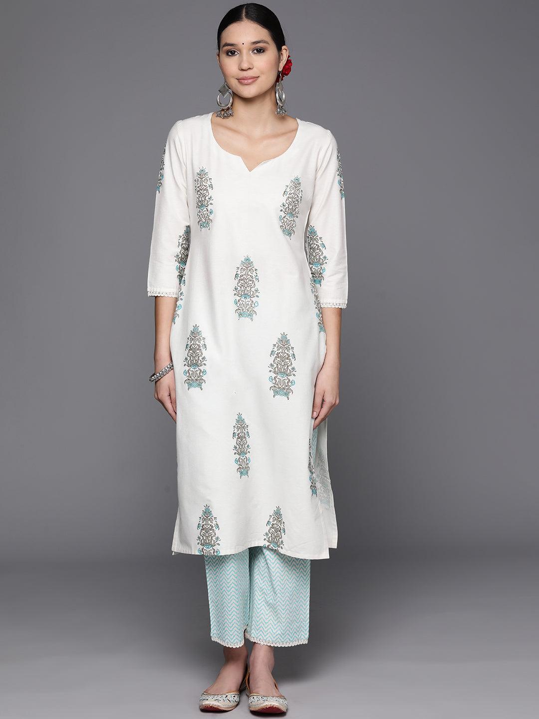 Off White Printed Cotton Blend Straight Kurta With Trousers