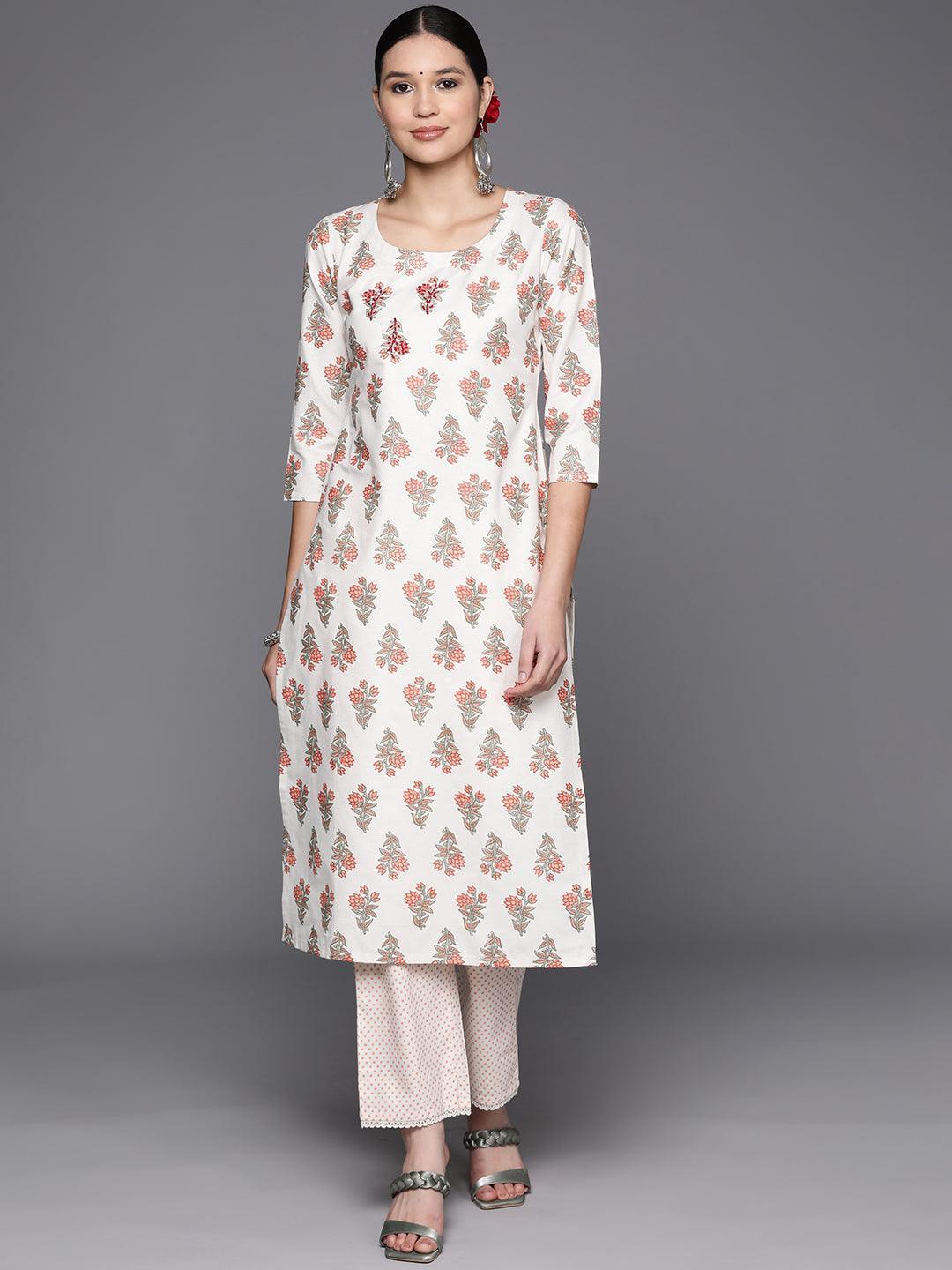 Off White Printed Cotton Blend Straight Kurta With Trousers