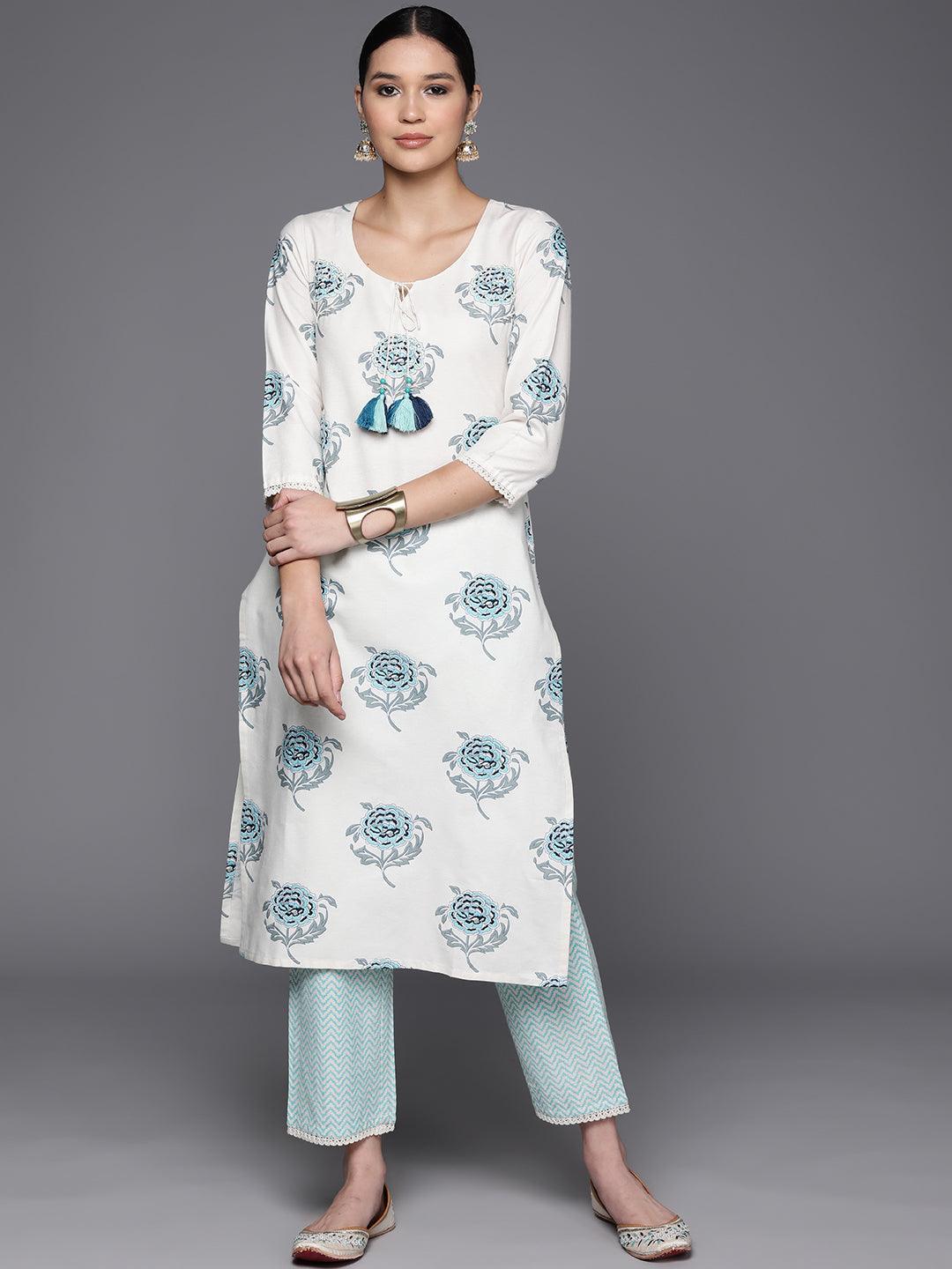 Off White Printed Cotton Blend Straight Kurta With Trousers