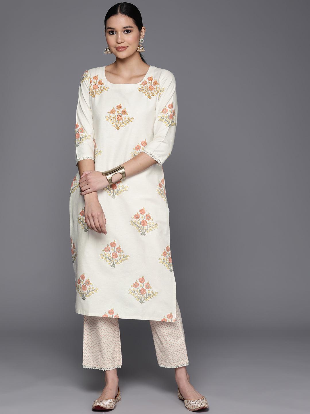 Off White Printed Cotton Blend Straight Kurta With Trousers