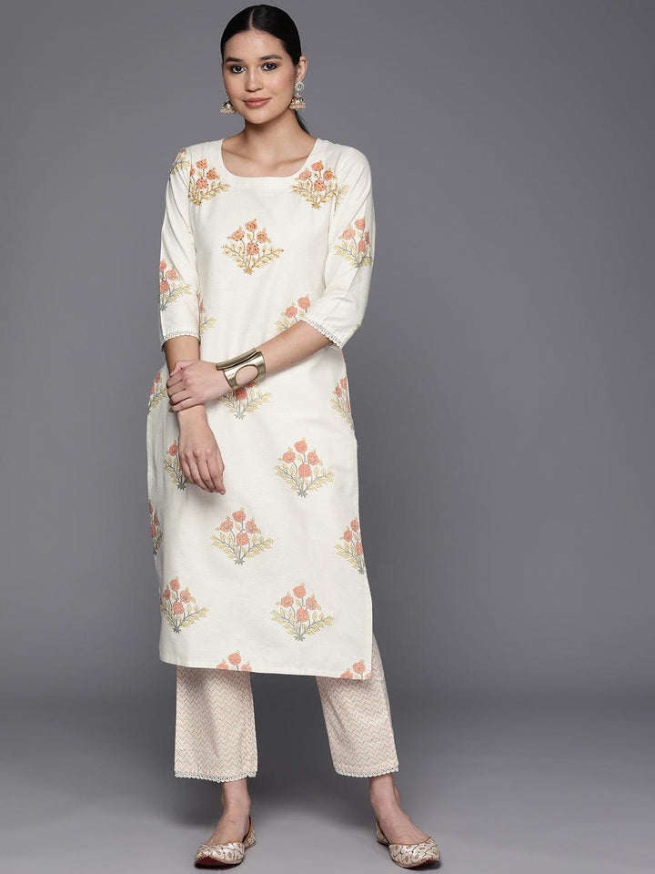 Off White Printed Cotton Blend Straight Kurta With Trousers - Libas