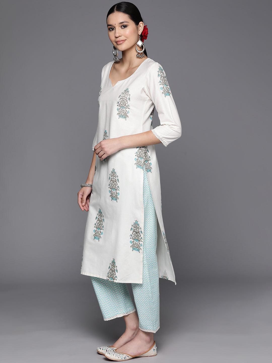 Off White Printed Cotton Blend Straight Kurta With Trousers