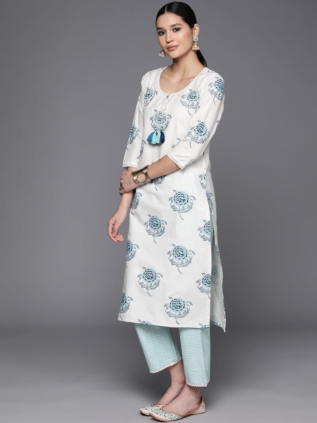 Off White Printed Cotton Blend Straight Kurta With Trousers