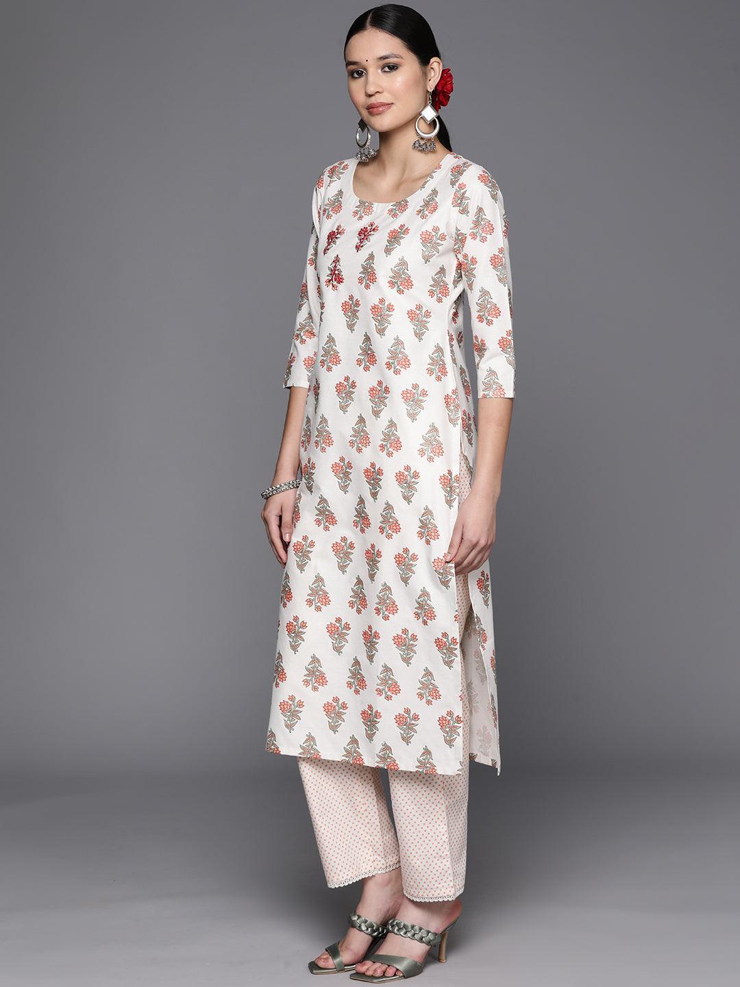 Off White Printed Cotton Blend Straight Kurta With Trousers