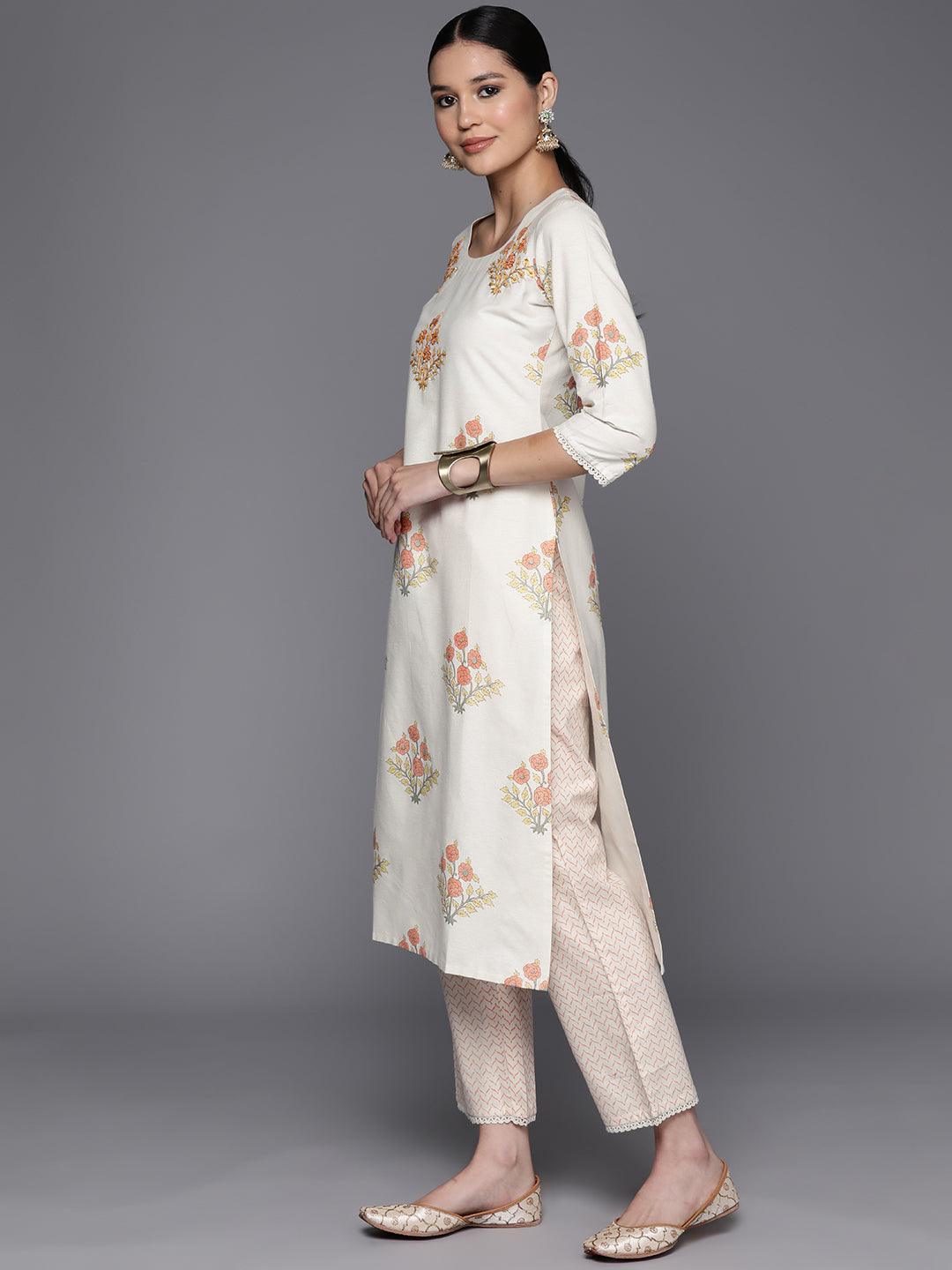 Off White Printed Cotton Blend Straight Kurta With Trousers