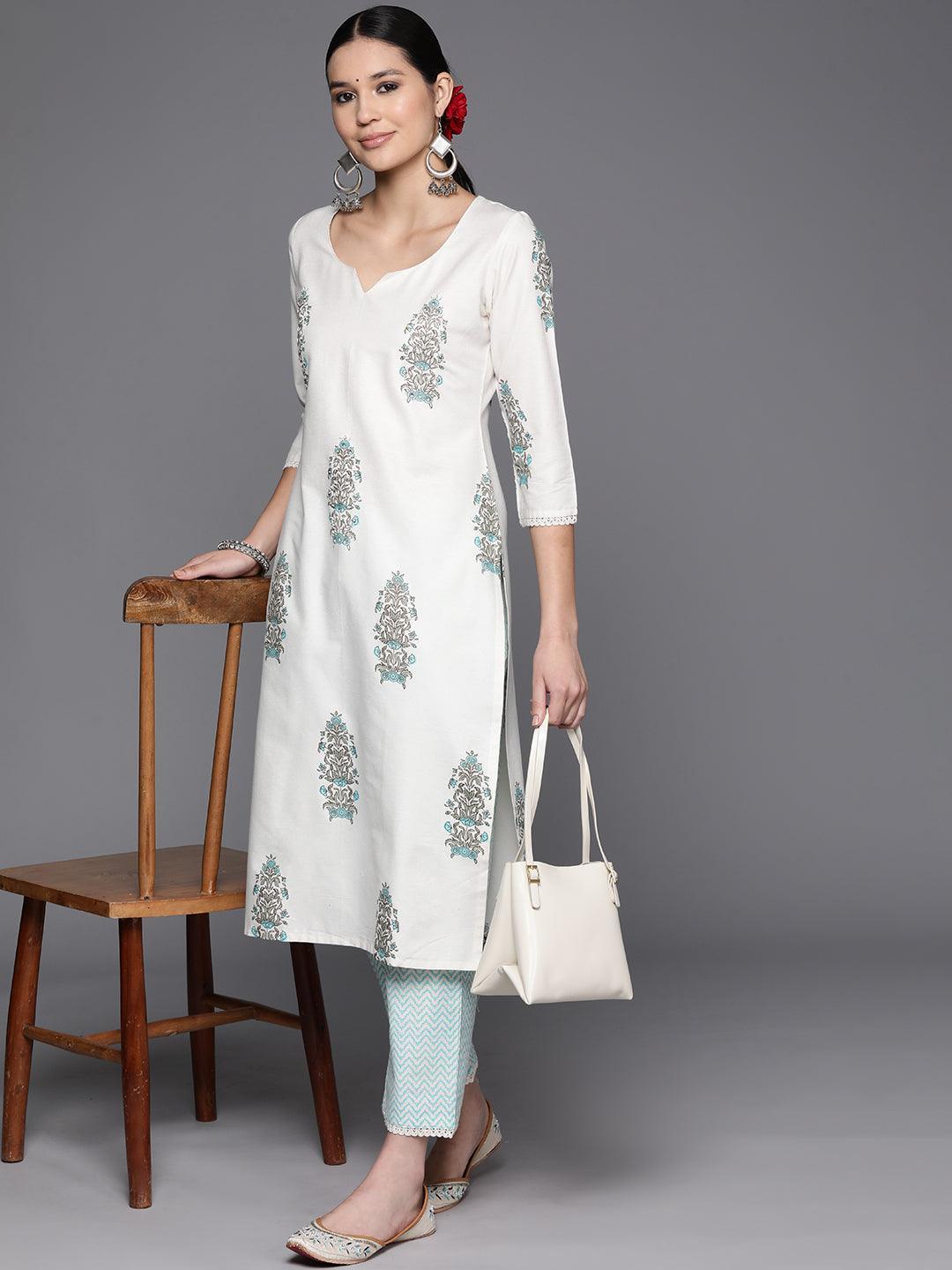 Off White Printed Cotton Blend Straight Kurta With Trousers